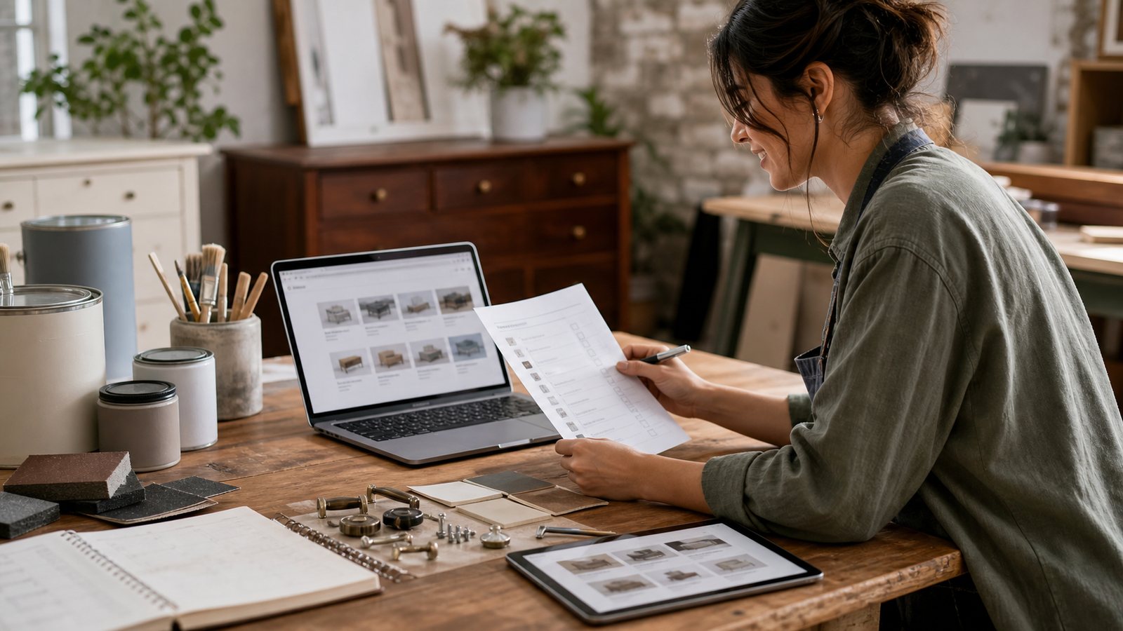 Furniture flipper reviewing a digital shopping plan beside hardware and finish samples.