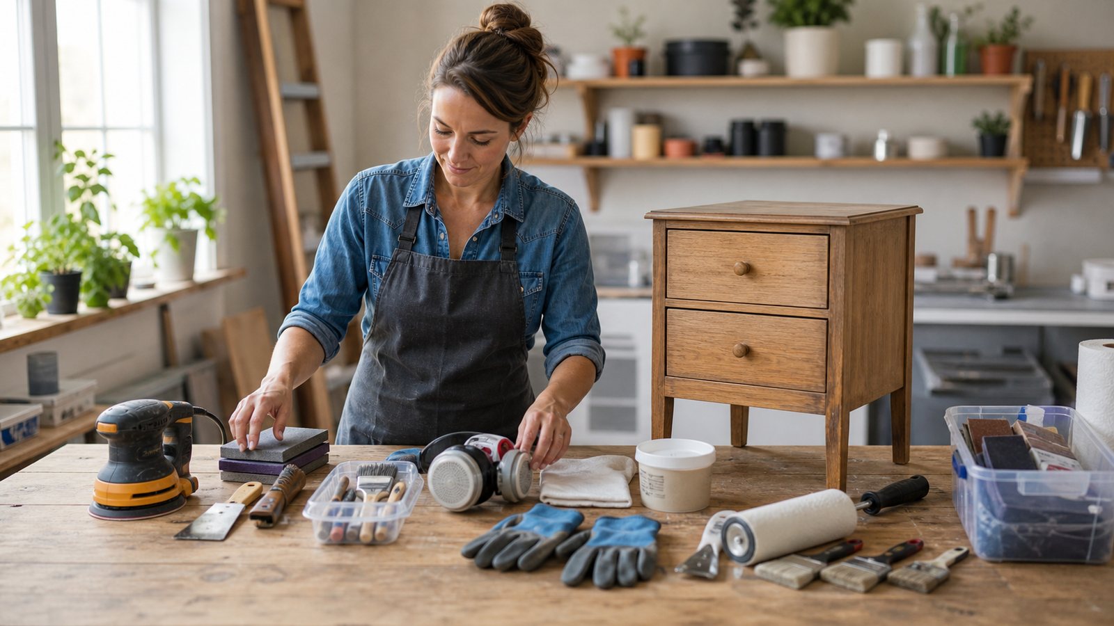 Beginner furniture flipper organizing starter tools on a workbench.