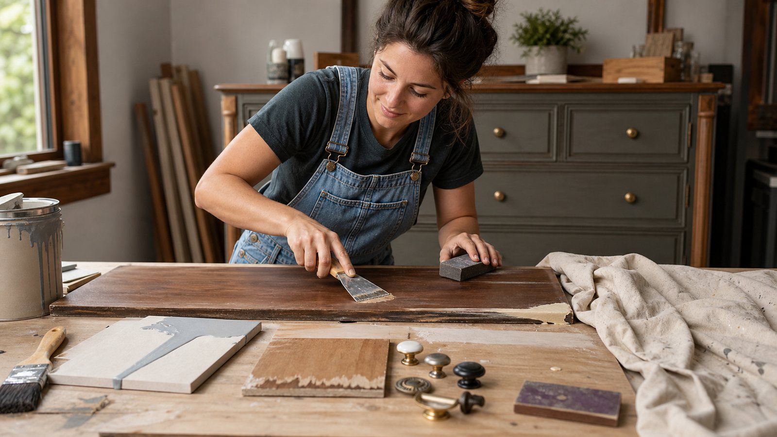 Furniture flipper correcting prep mistakes on a drawer at a practical worktable.