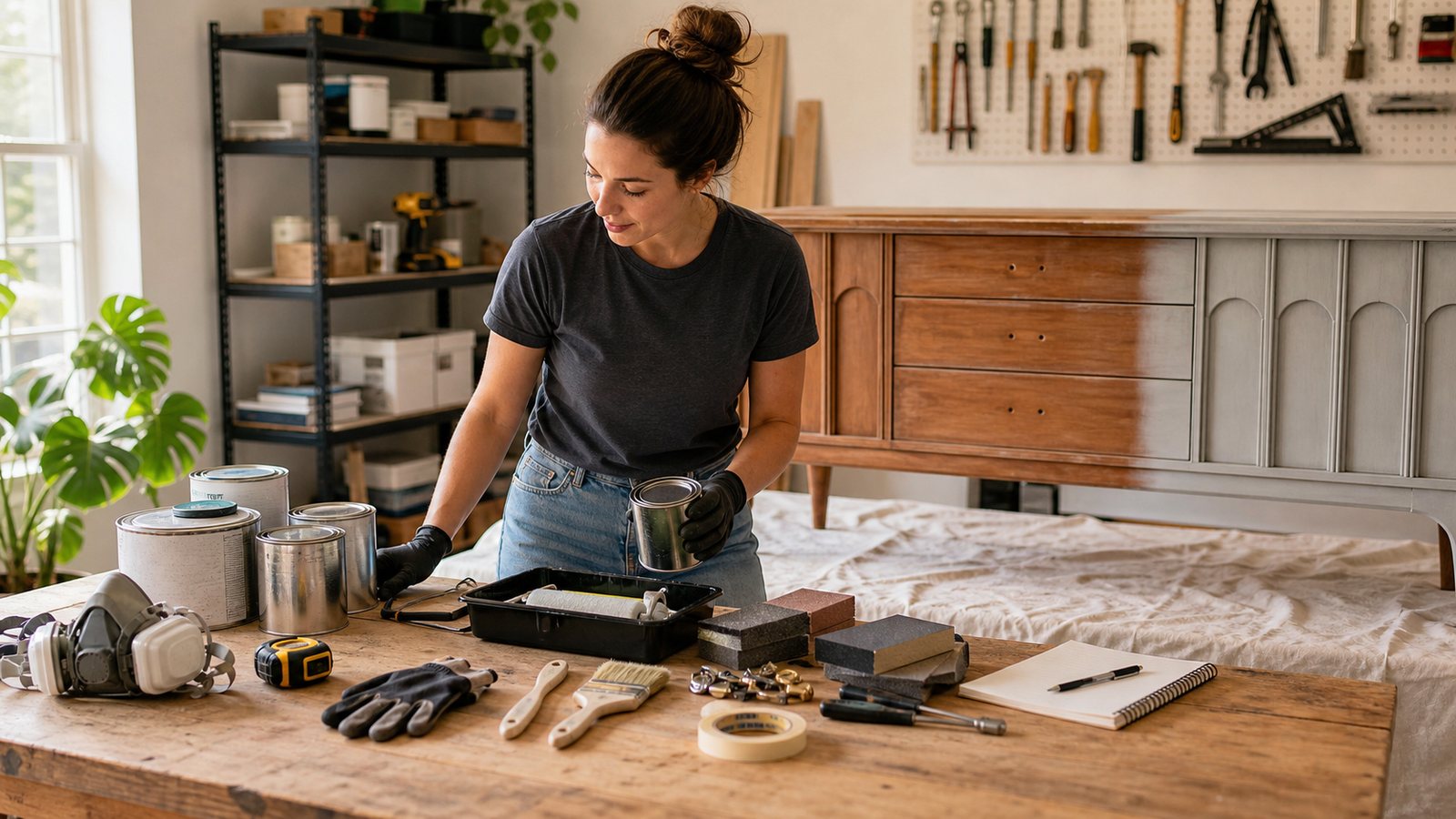 Furniture flipper organizing prep supplies beside a dresser in a garage workspace.