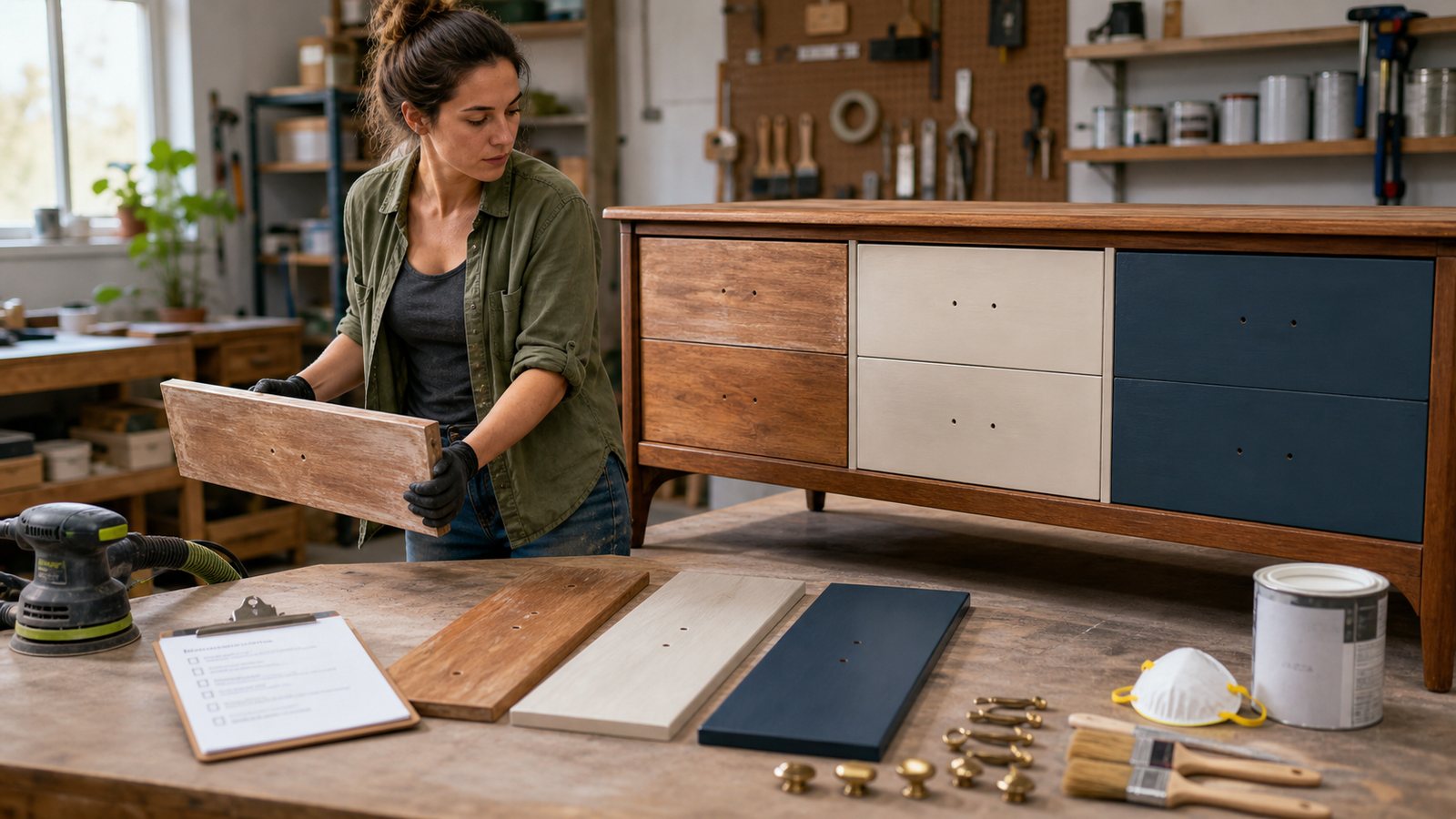 Furniture flipper moving a drawer through a garage-based refinishing workflow.