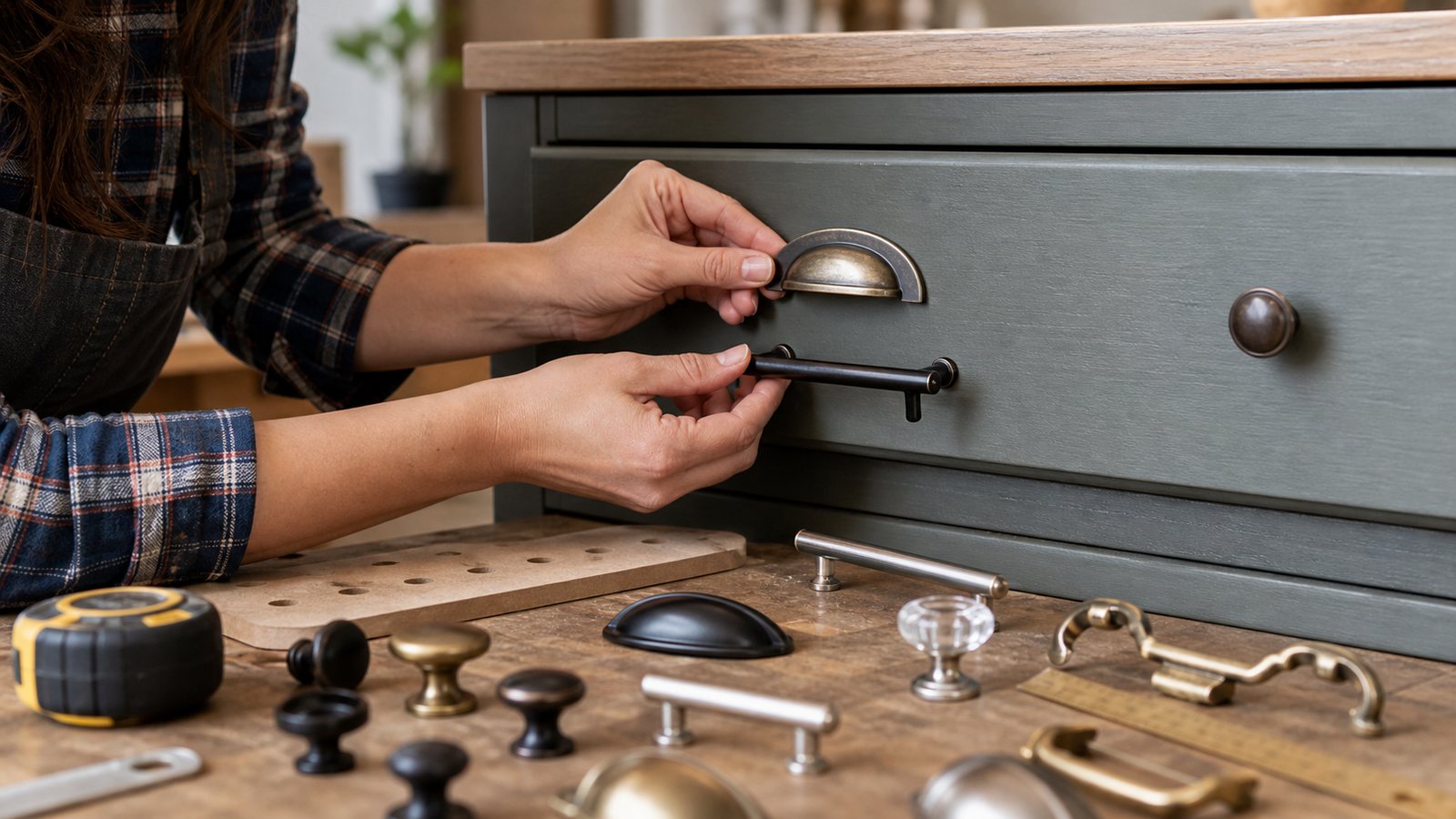 Furniture hardware choices being tested against a painted drawer front.