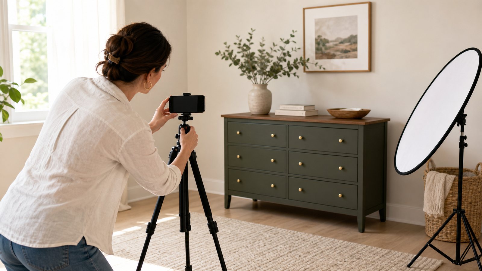 Finished dresser being photographed with a phone and simple lighting for resale.