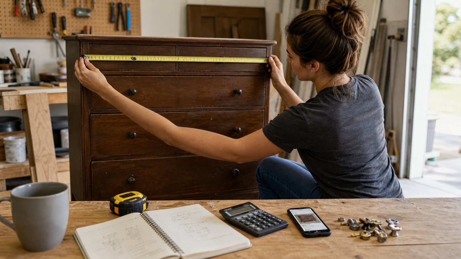 Furniture flipper measuring a dresser and checking project numbers before buying.