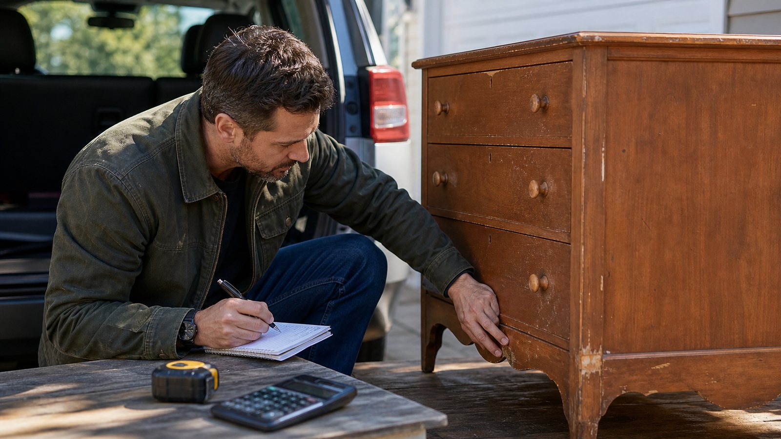 Furniture flipper calculating an offer beside a dresser in a driveway pickup setting.