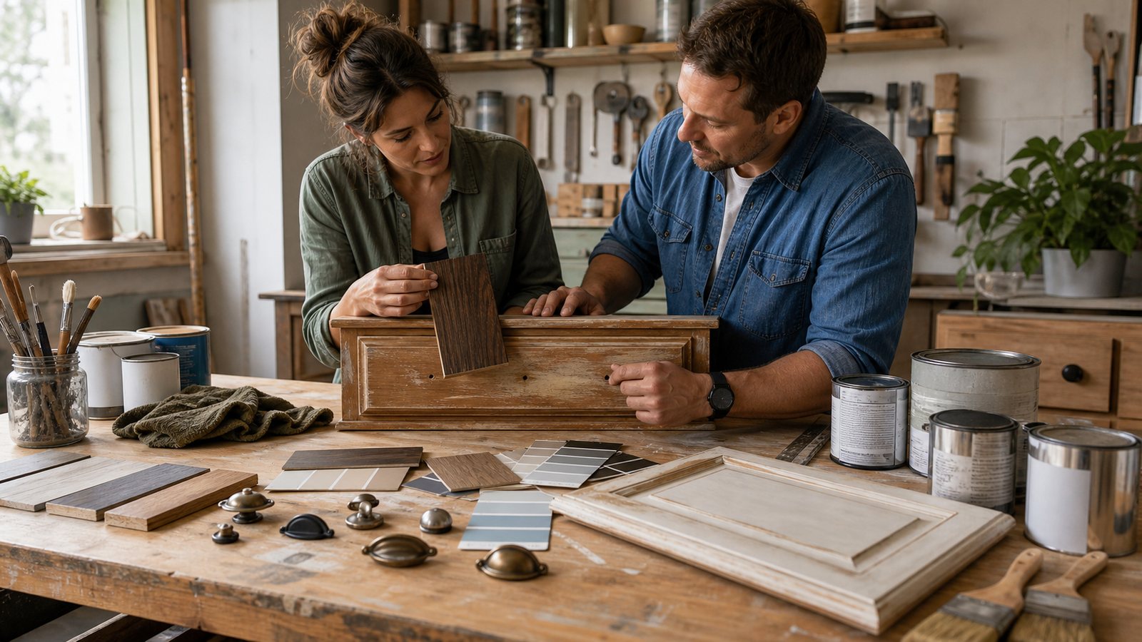 Two furniture flippers comparing finish samples and hardware options on a worktable.