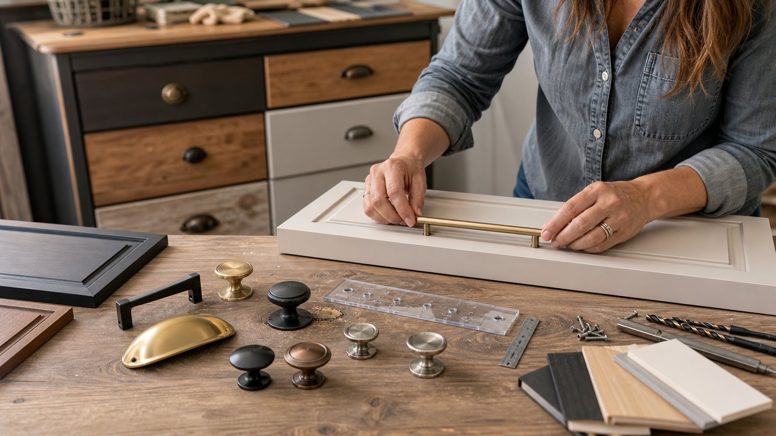 Hardware pulls, screws, templates, and drawer fronts arranged for furniture planning.